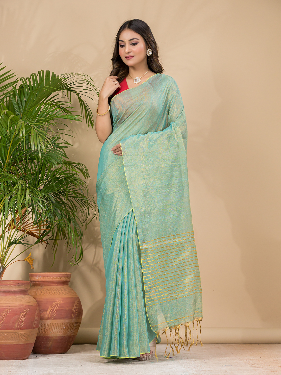 Tissue Linen Handloom Saree With Mint Green - 024