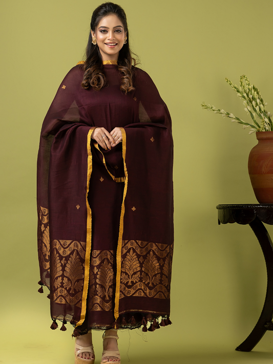 Handwoven Jamdani Linen Unstitched 2-piece Kurti | Deep Plum