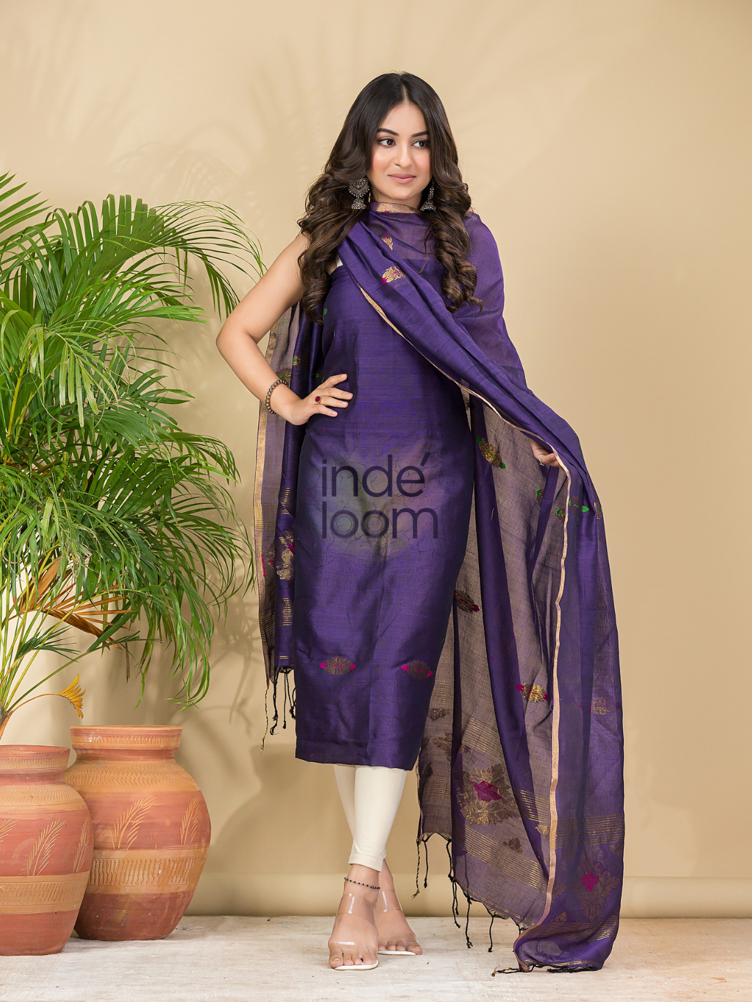Grape Purple Mercerised Cotton Meenakari Motif 2-Piece Kurti & Dupatta (UNSTITCHED)-874