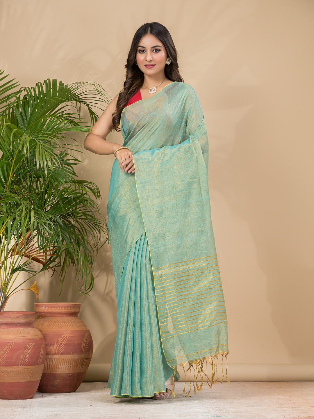 Tissue Linen Handloom Saree With Mint Green - 024