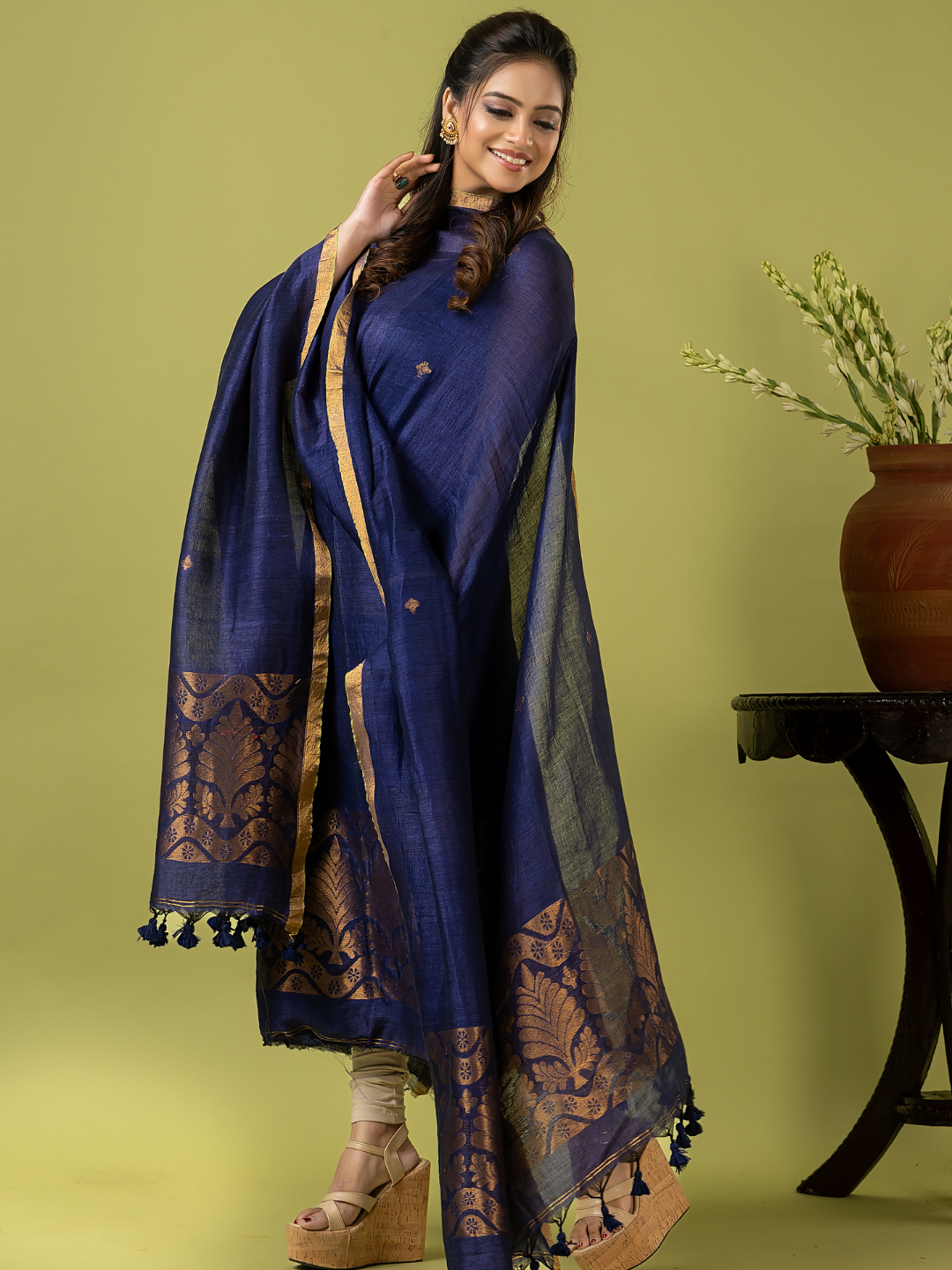 Handwoven Jamdani Linen Unstitched 2-piece Kurti | Navy Blue
