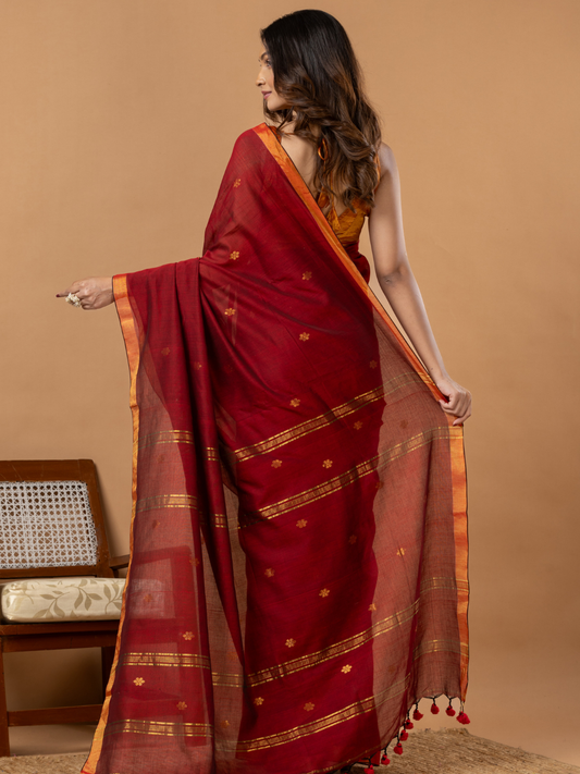 Handwoven Jamdani Silk Tissue Linen Saree | Deep Red