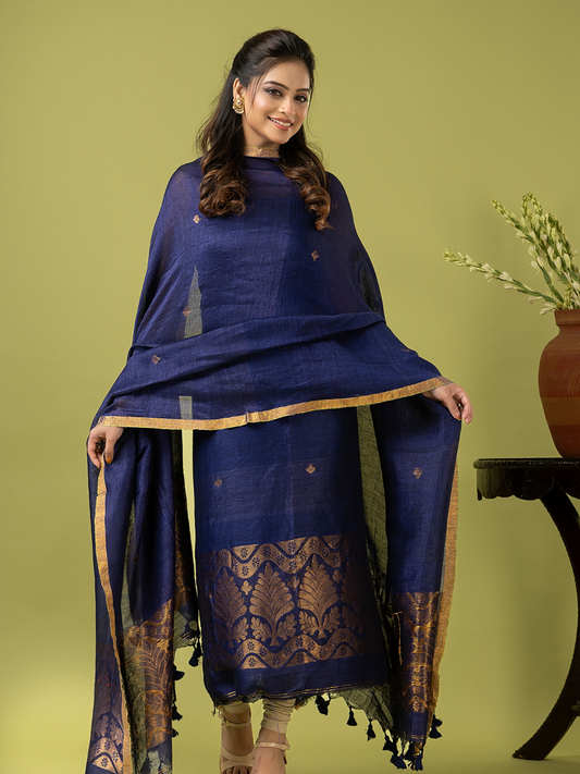 Handwoven Jamdani Linen Unstitched 2-piece Kurti | Navy Blue