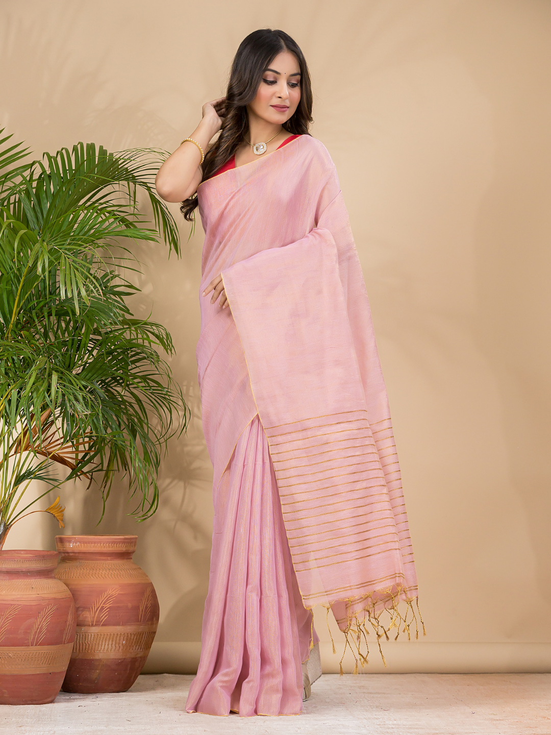 Tissue Linen Handloom Saree With Pastel Pink - 025