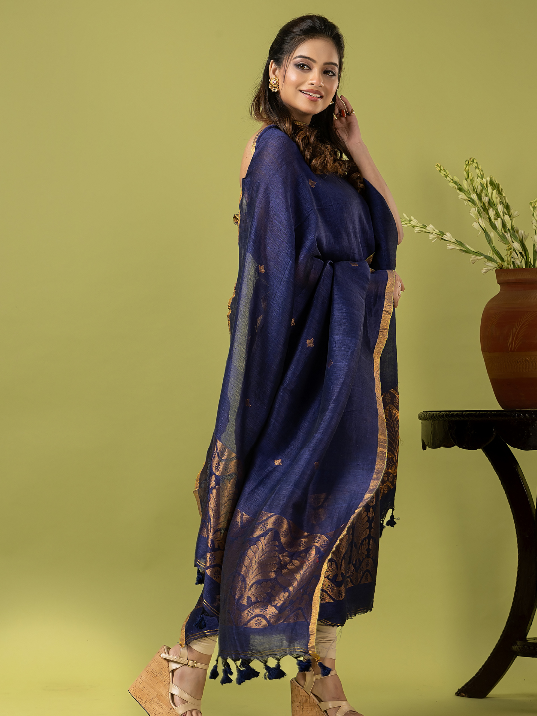 Handwoven Jamdani Linen Unstitched 2-piece Kurti | Navy Blue