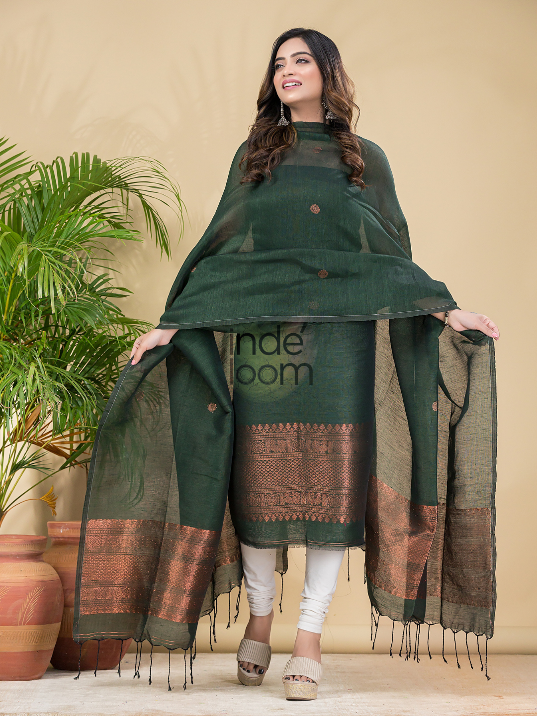 Forest Green Muslin Linen 2-Piece Set Kurti & Dupatta (UNSTITCHED) - 868