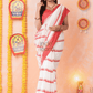 Durga Puja Saree with Horizontal Lines and Red Border.-036 - indeloom