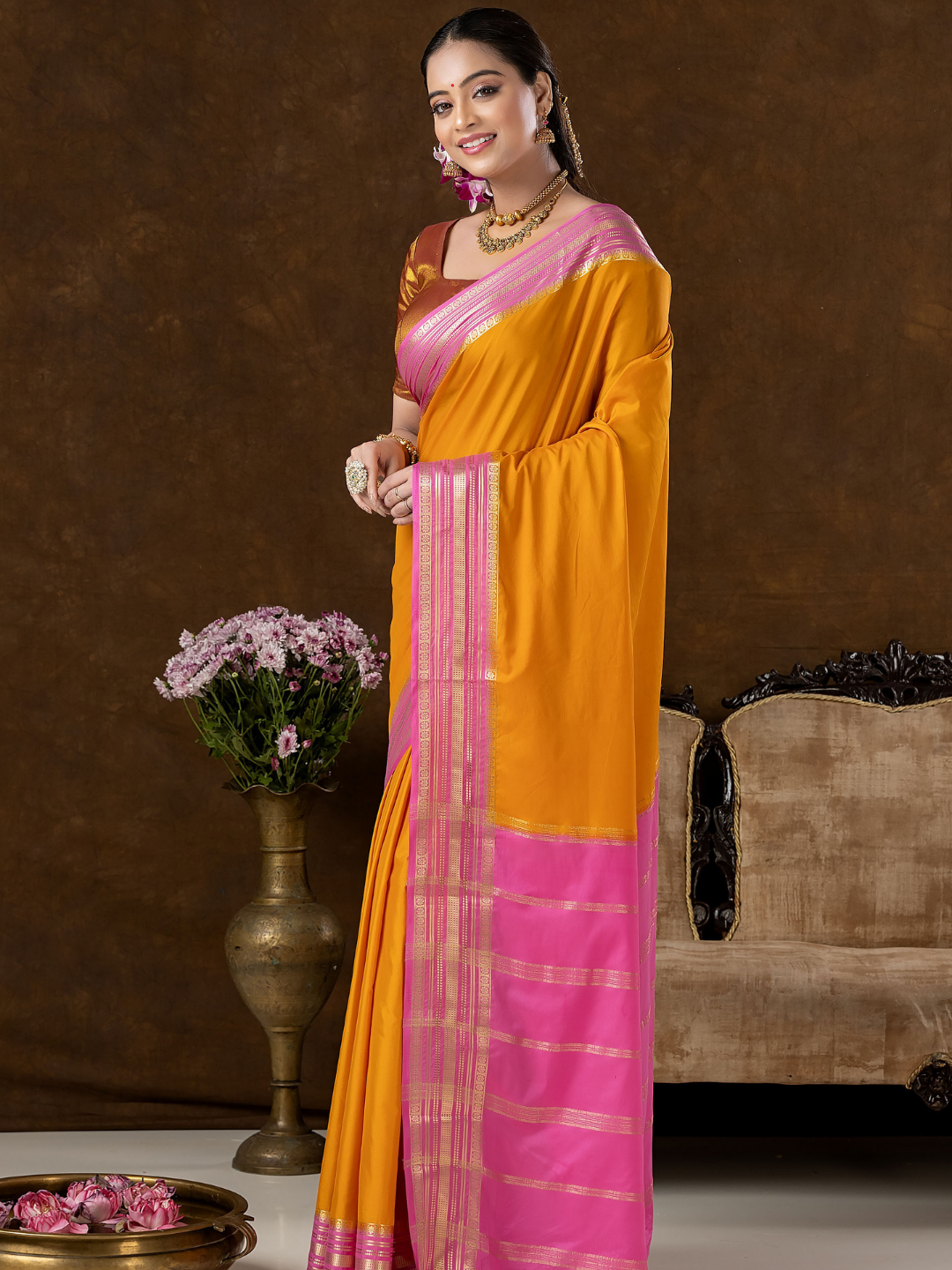 Classic Mysore Semi Silk Saree | Mustard Gold