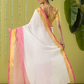 Pure Handloom Cotton Saree | White and Pink | Plain Body with Ribbon border