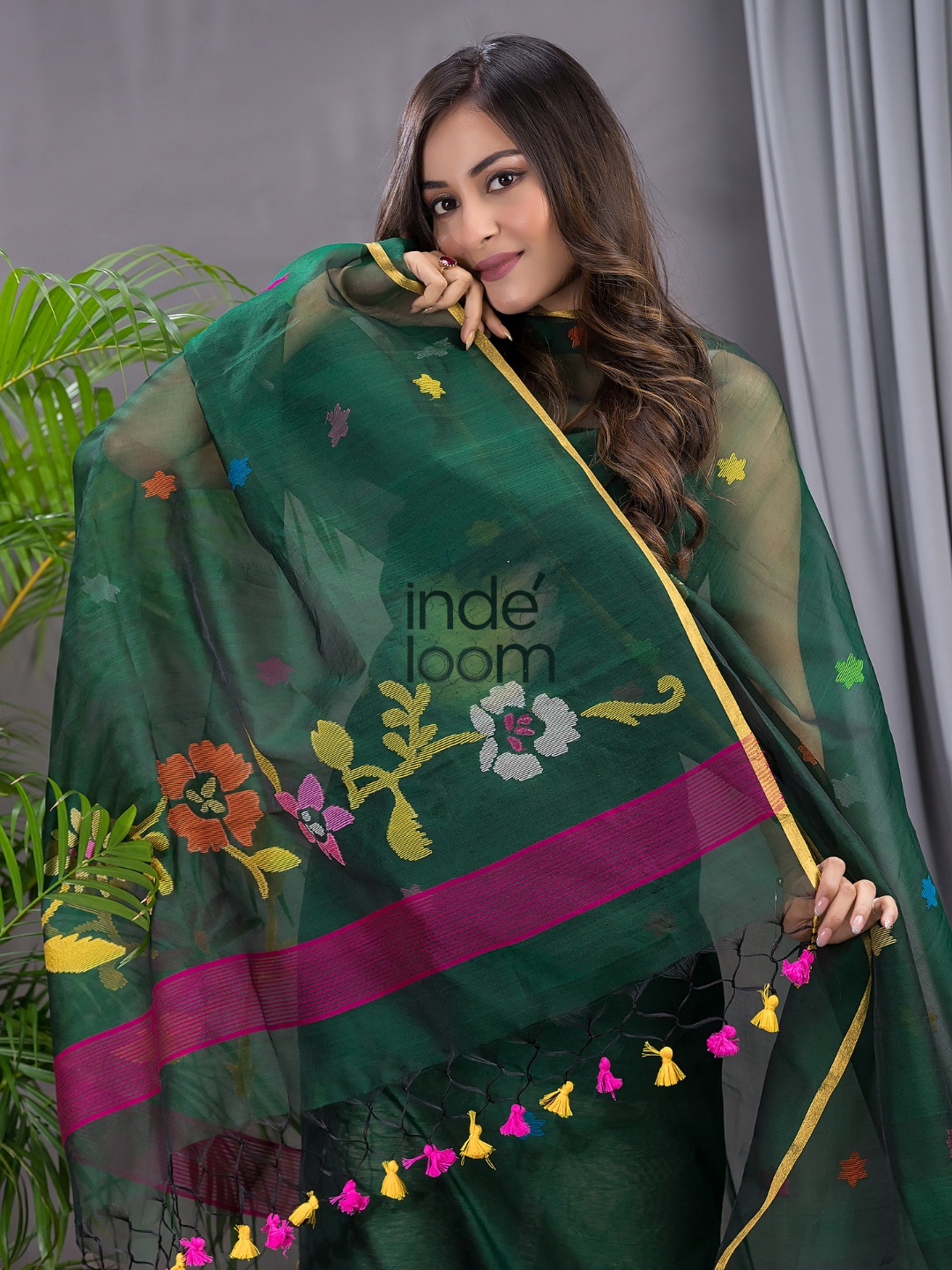 Dark Green Cotton Silk Jamdani 2-Piece Set Kurti & Dupatta (UNSTITCHED) - 106