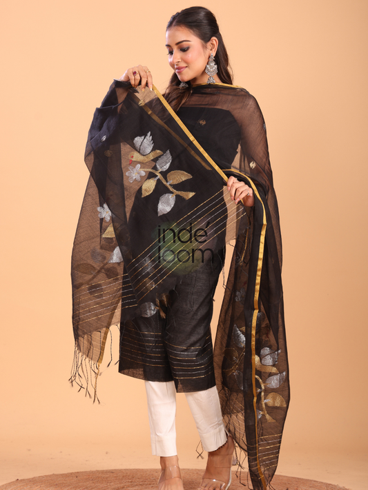 Space Black Muslin Jamdani 2-Piece Set Kurti & Dupatta (UNSTITCHED) - 084