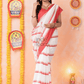 Durga Puja Saree with Horizontal Lines and Red Border.-036 - indeloom
