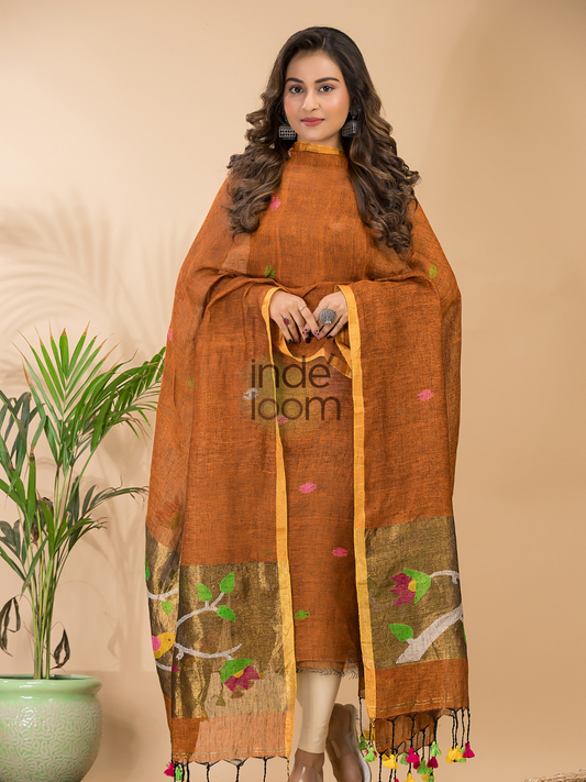 Dark Orange Linen X Linen 2-Piece Set Kurti & Dupatta (UNSTITCHED) - 077