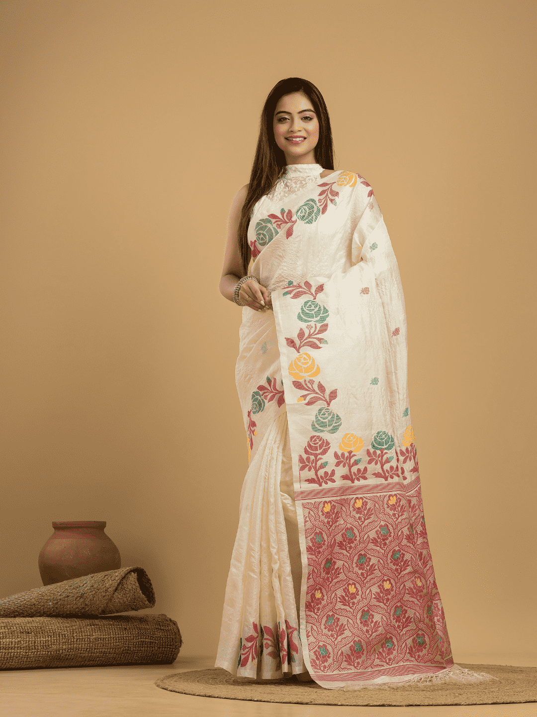 Beige Brown Matka Silk Jamdani Saree - 047 - indeloom