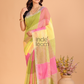 Linen Checks Saree With Green Pink Yellow - 108