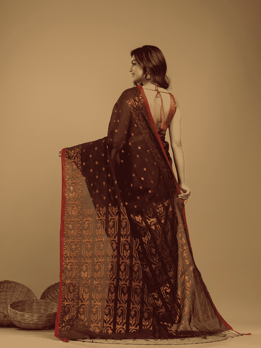 Jamdani Saree With Red Brown - 15 - indeloom