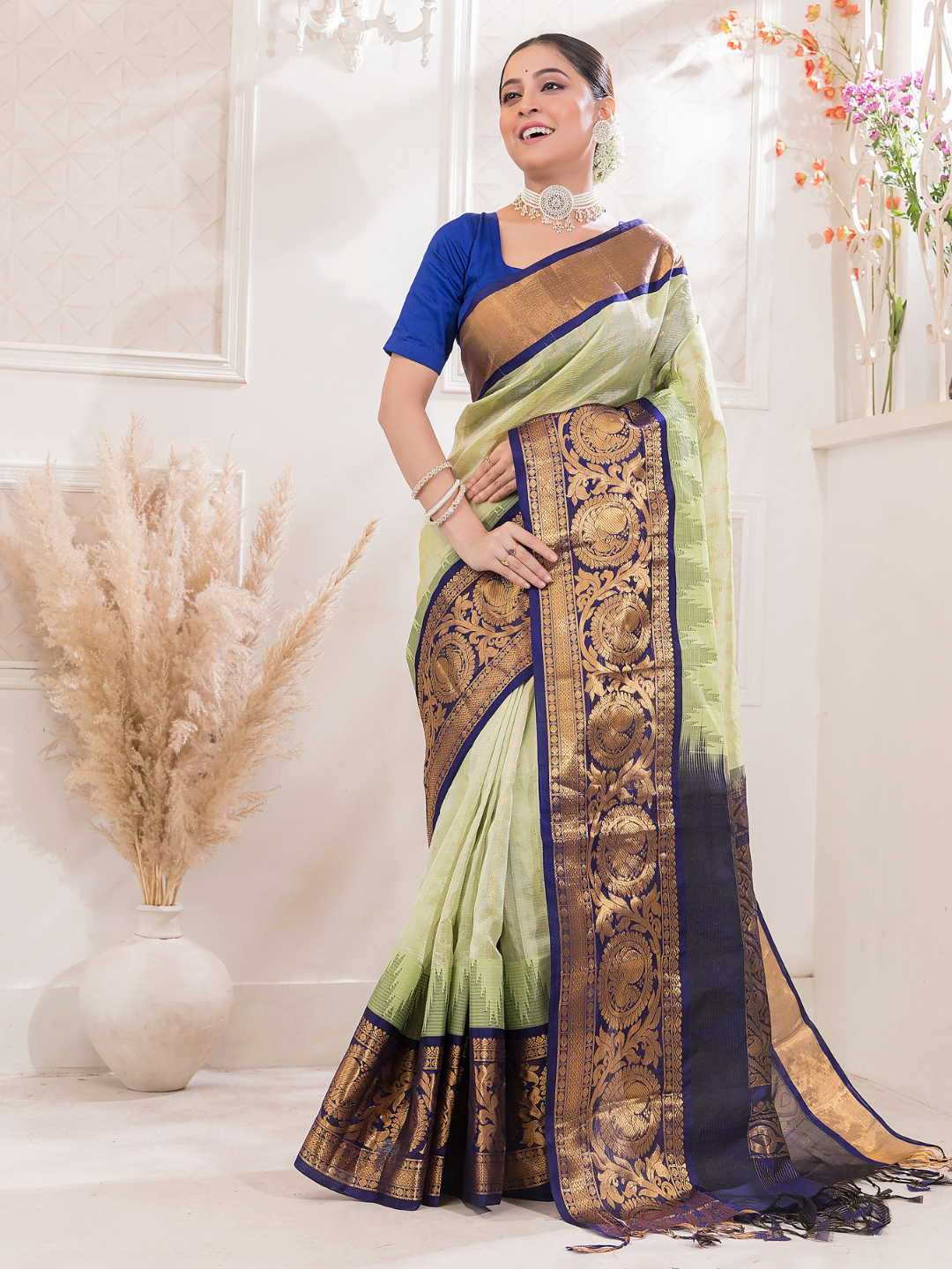 Pure Handloom Korvai Silk Cotton Saree in With Light Green and Golden Blue Border- 008