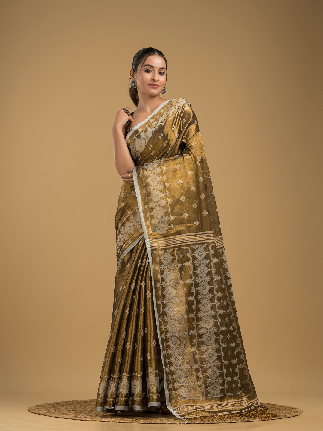 Tissue Silk Jamdani Saree Dark Green -045