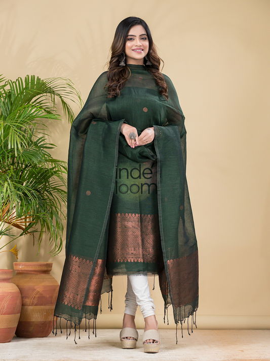 Handwoven Jamdani Linen Unstitched 2-piece Kurti  |  Army Green