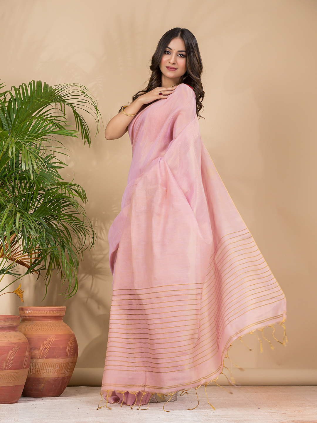 Tissue Linen Handloom Saree With Pastel Pink - 025