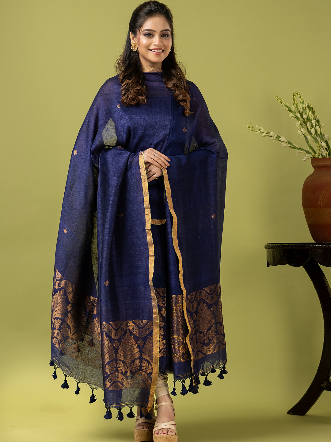 Handwoven Jamdani Linen Unstitched 2-piece Kurti | Navy Blue