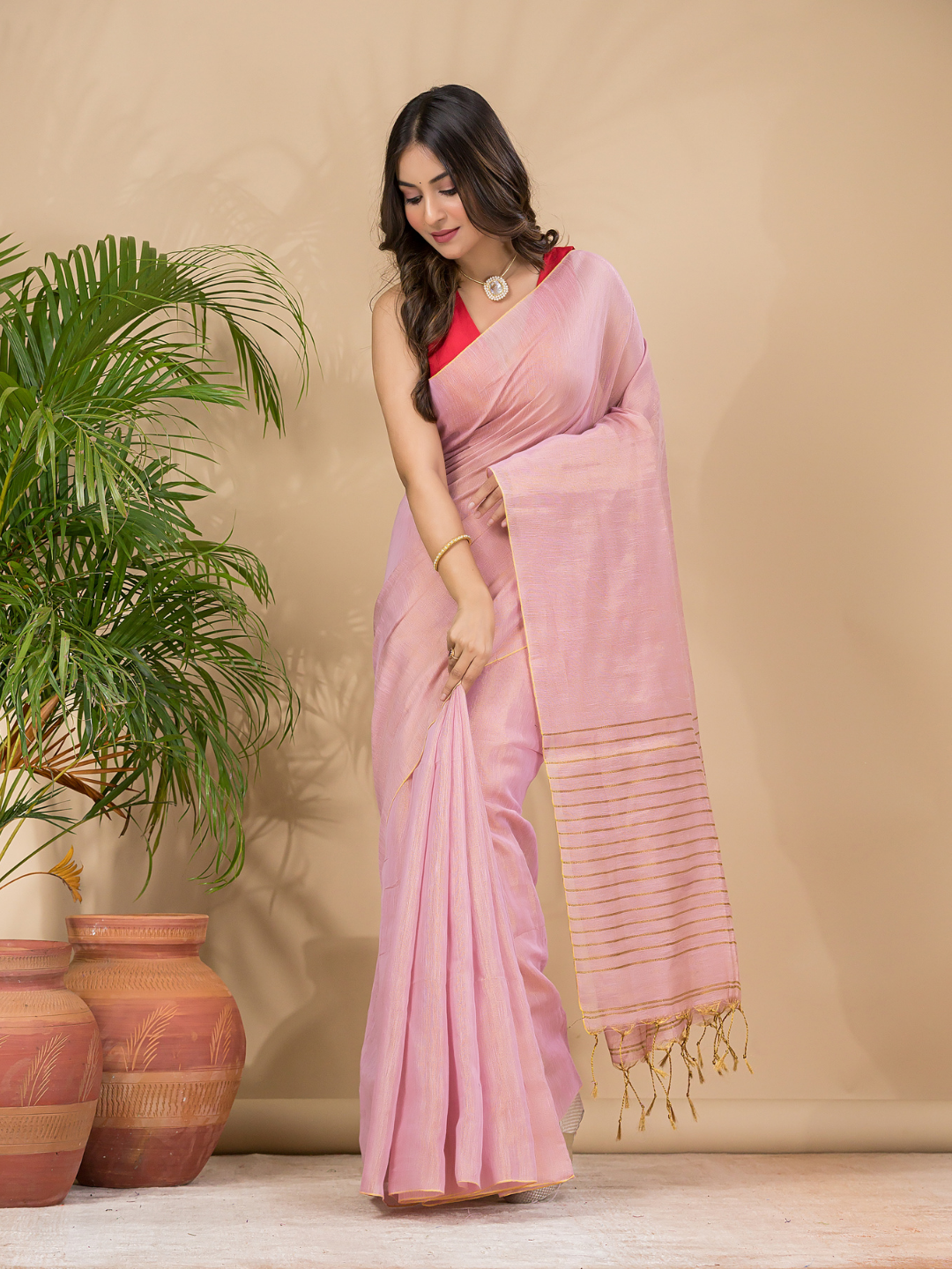 Tissue Linen Handloom Saree With Pastel Pink - 025