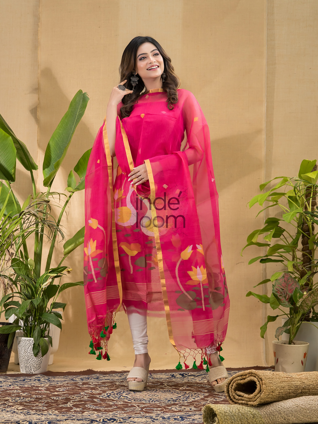 Neon Pink Jamdani 2-Piece Set Kurti & Dupatta (UNSTITCHED) -785