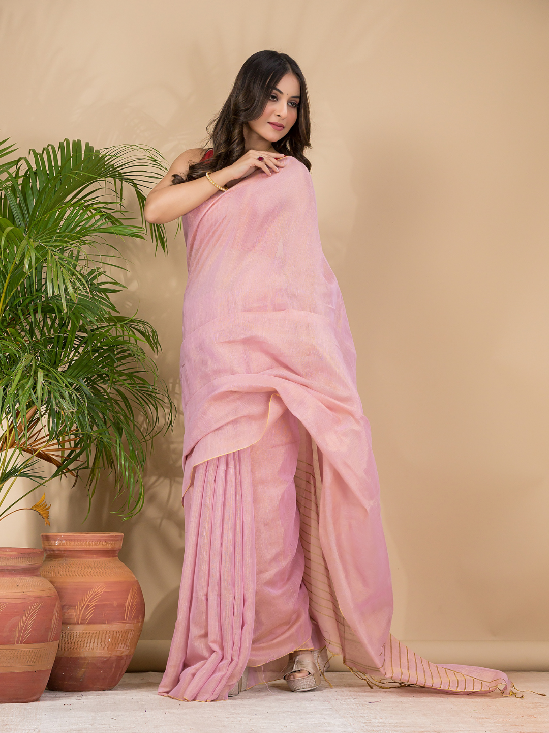 Tissue Linen Handloom Saree With Pastel Pink - 025