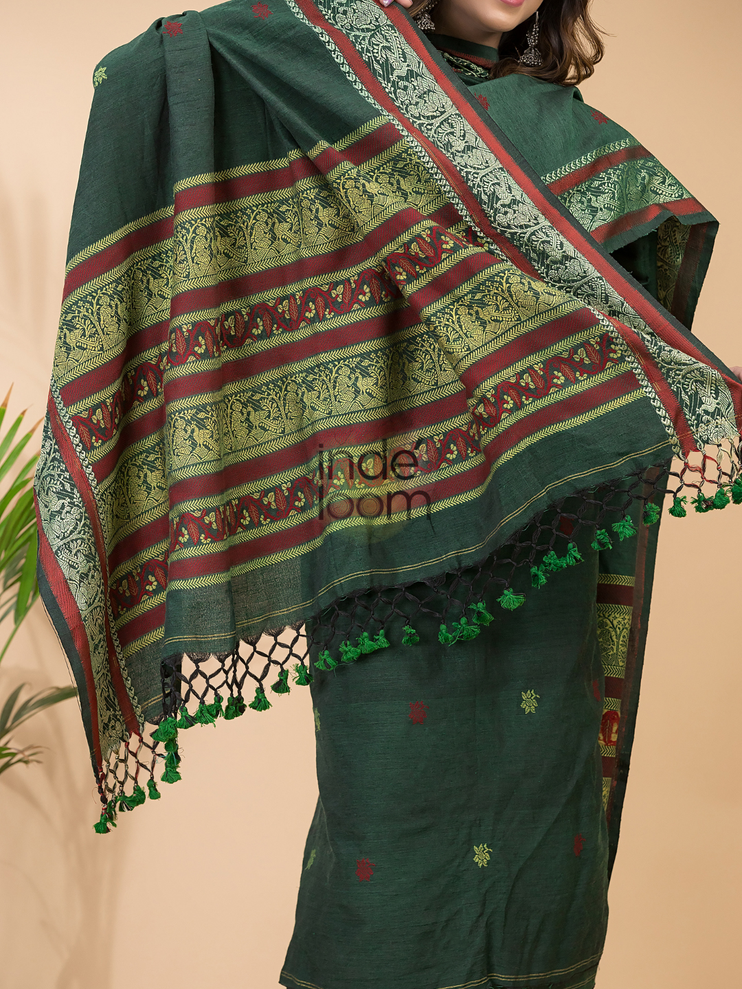 Pine Green Baluchari Linen 2-Piece Set Kurti & Dupatta (UNSTITCHED) - 054