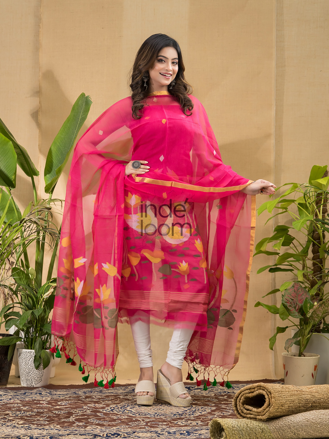 Neon Pink Jamdani 2-Piece Set Kurti & Dupatta (UNSTITCHED) -785