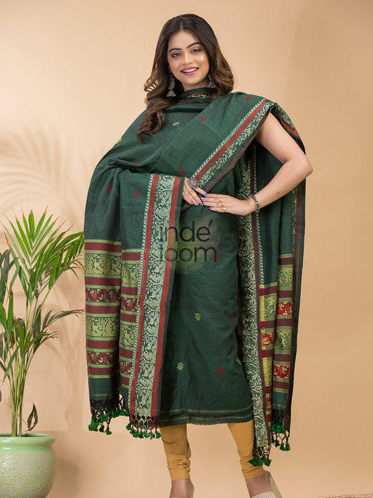 Pine Green Baluchari Linen 2-Piece Set Kurti & Dupatta (UNSTITCHED) - 054