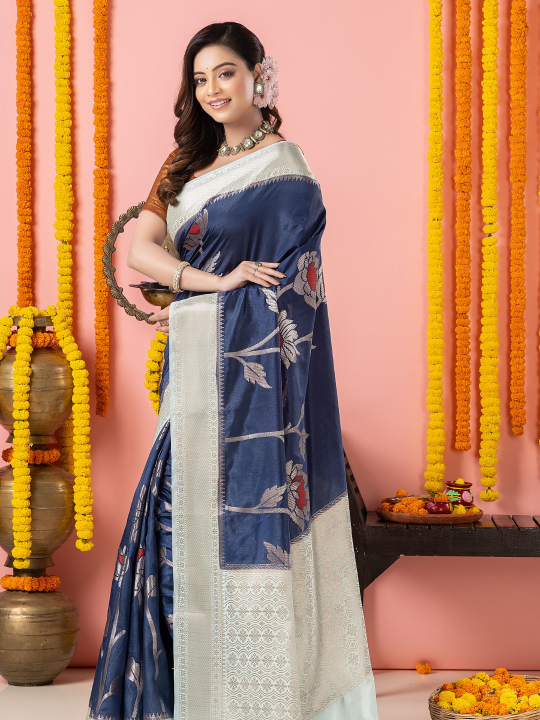 Classic Benarasi Semi Silk Saree | Deep Navy Blue