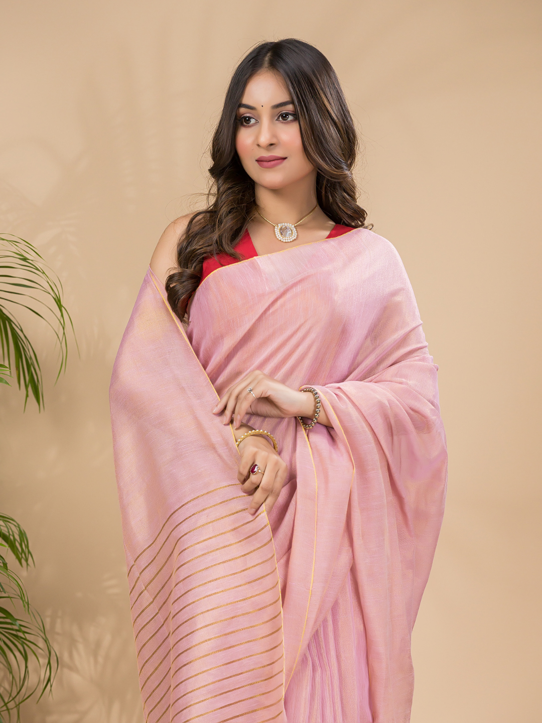 Tissue Linen Handloom Saree With Pastel Pink - 025