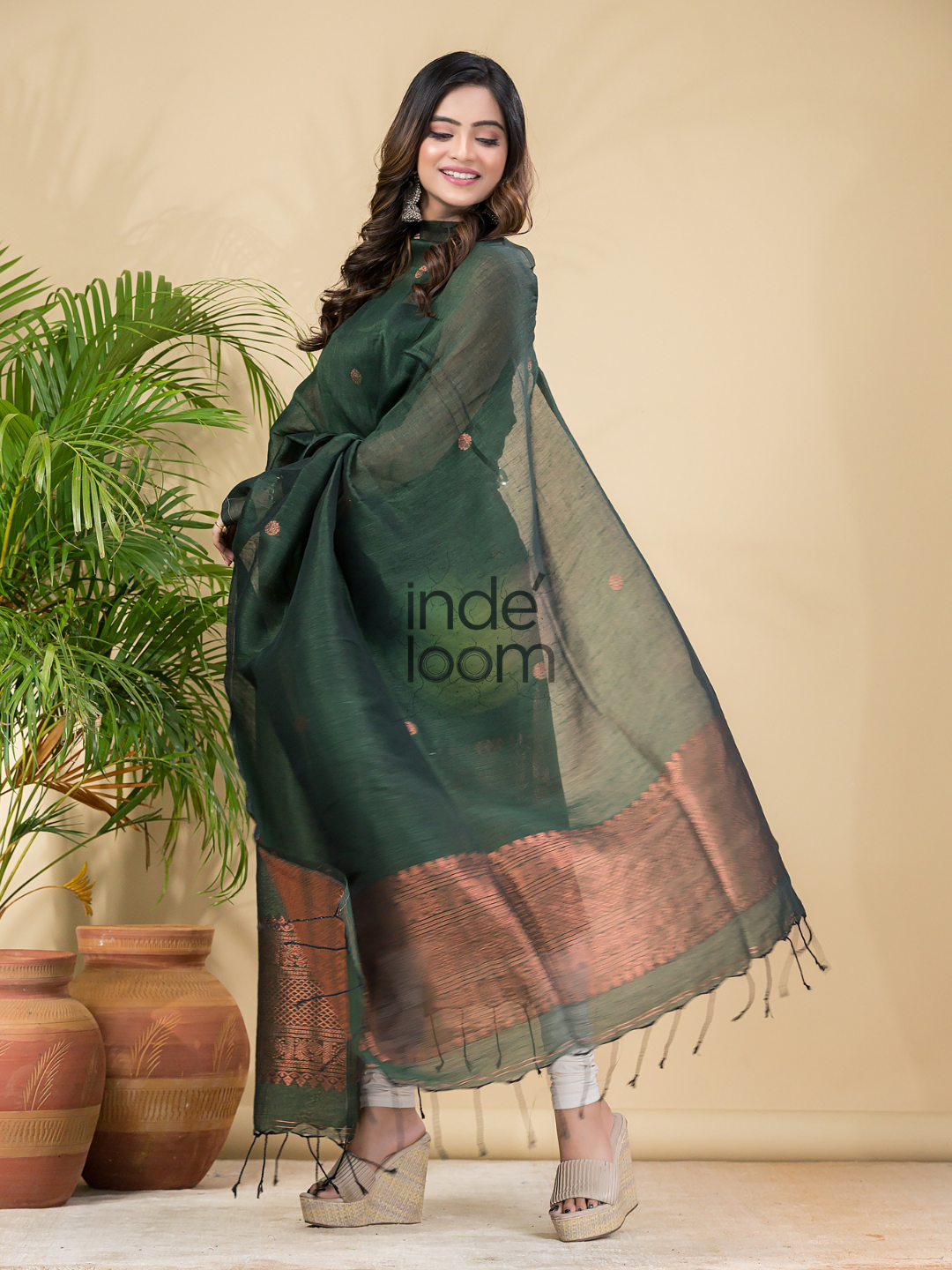 Forest Green Muslin Linen 2-Piece Set Kurti & Dupatta (UNSTITCHED) - 868