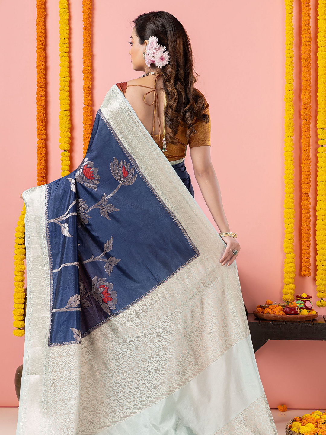 Classic Benarasi Semi Silk Saree | Deep Navy Blue