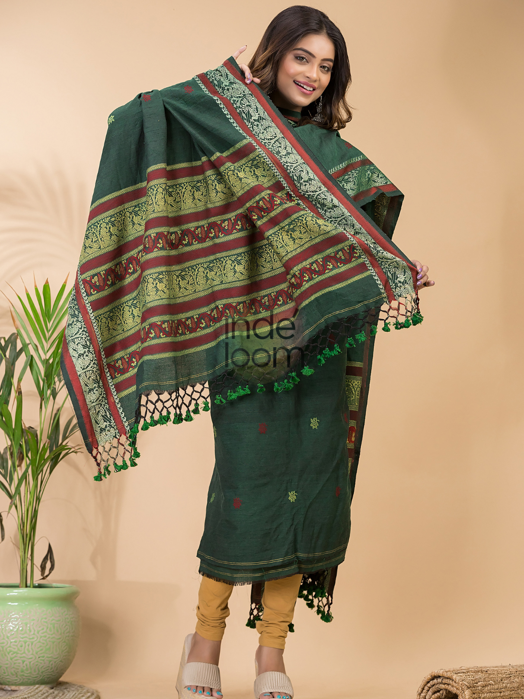 Pine Green Baluchari Linen 2-Piece Set Kurti & Dupatta (UNSTITCHED) - 054