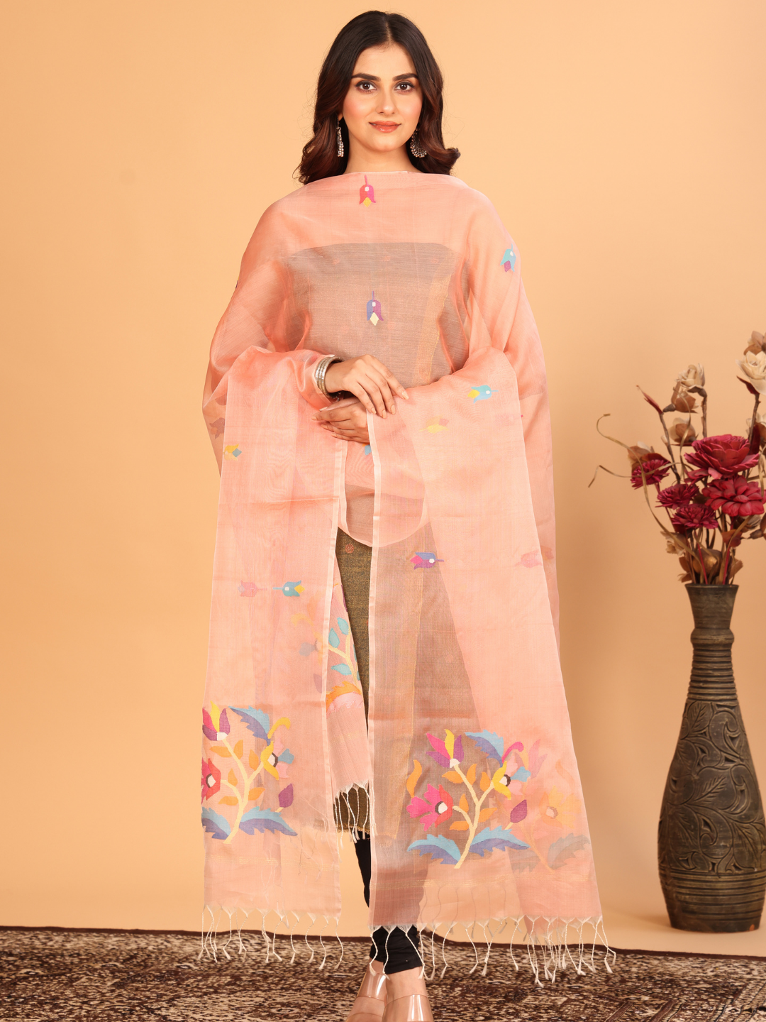 Handwoven Muslin Jamdani Dupatta | Pale Orange