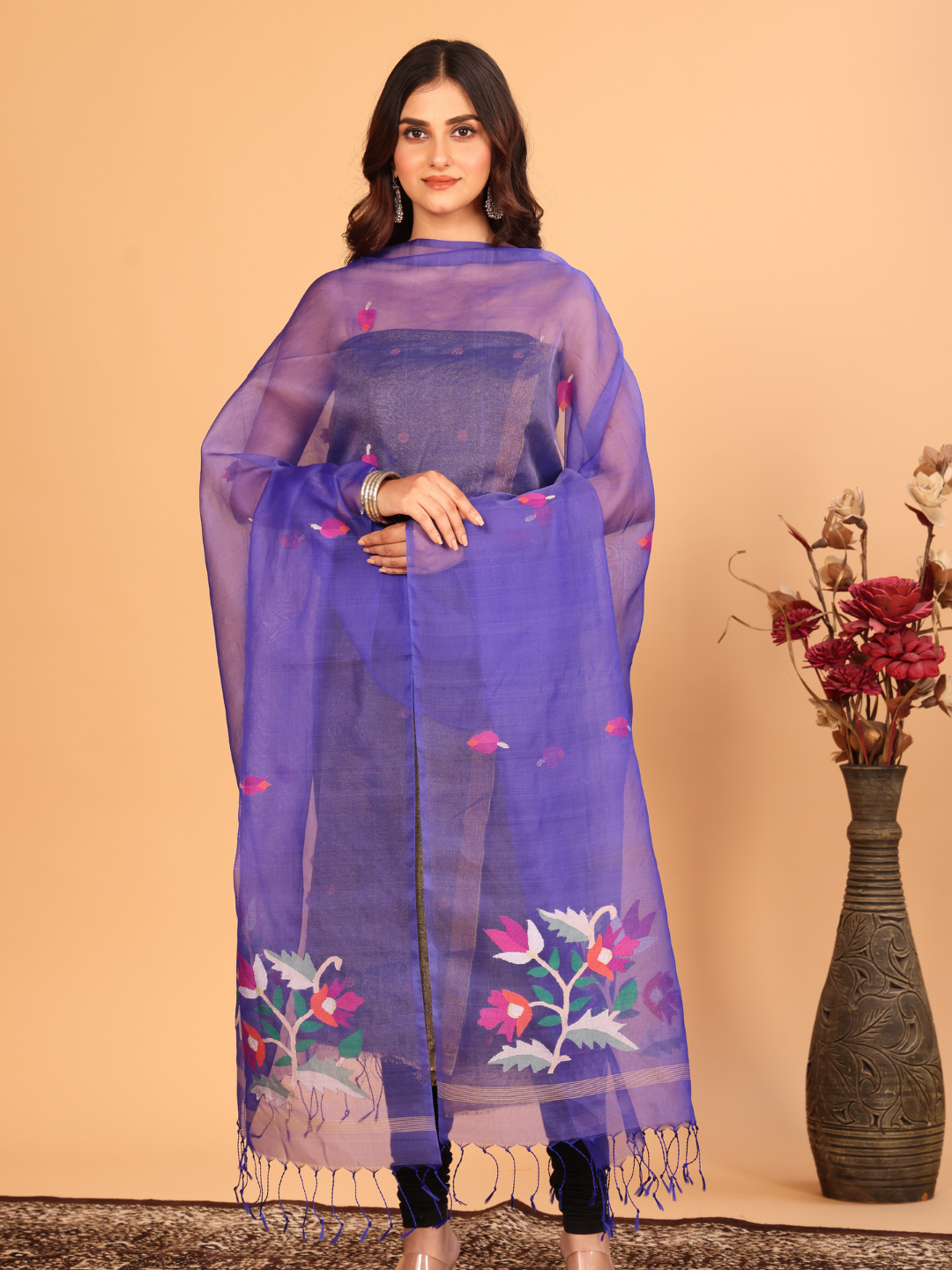 Handwoven Muslin Jamdani Dupatta | Indigo Blue