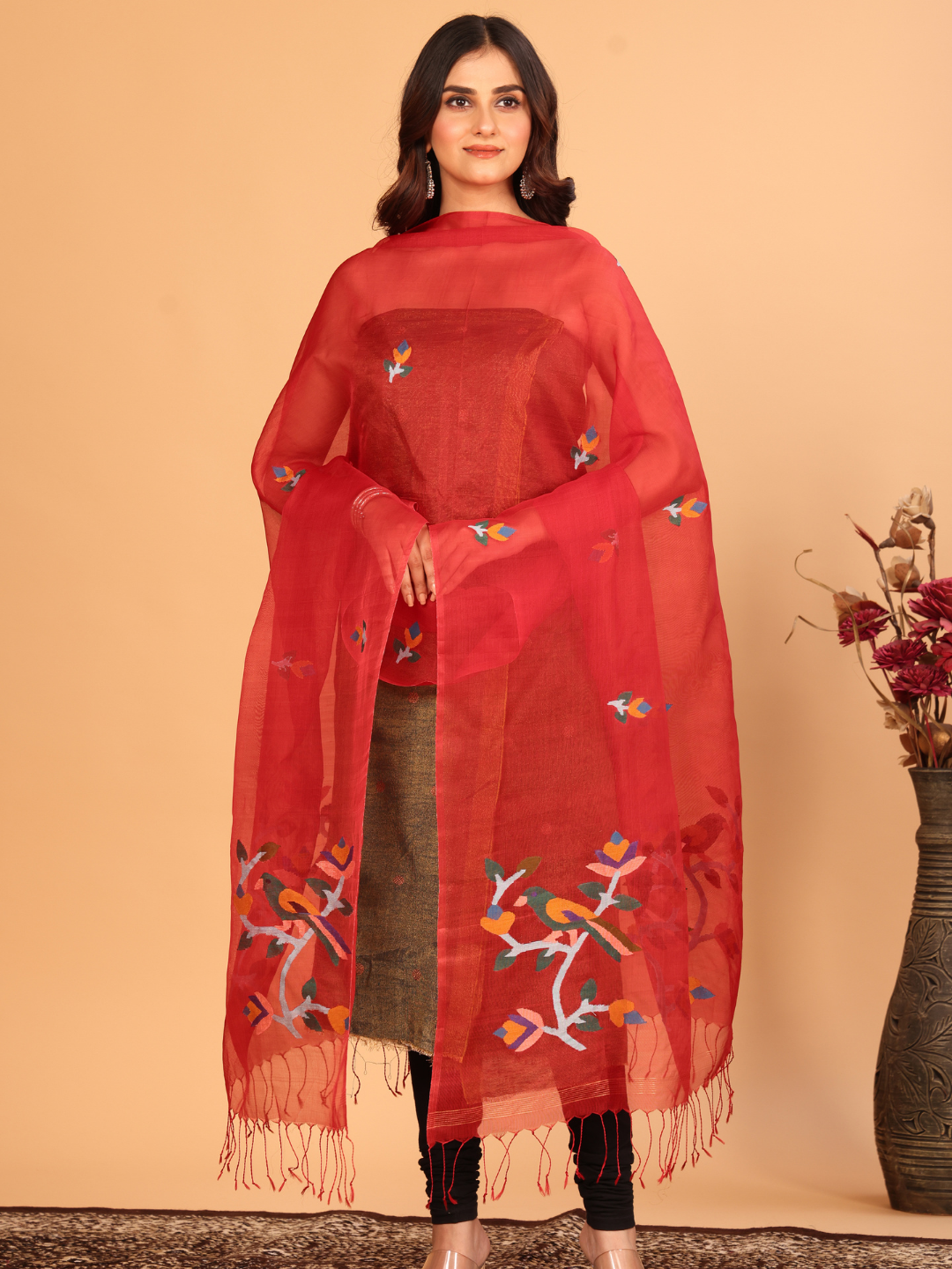 Handwoven Muslin Jamdani Dupatta | Red