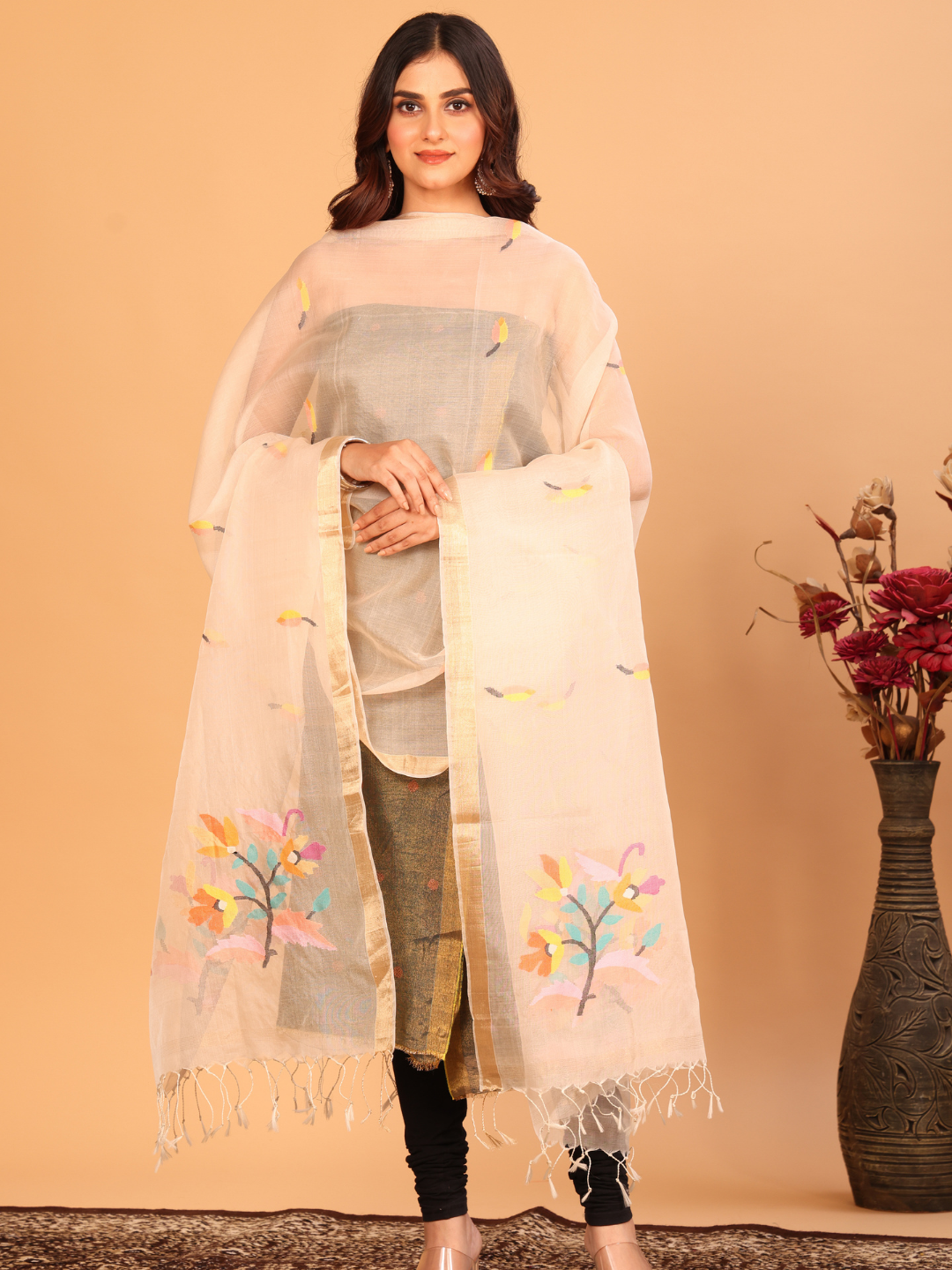 Handwoven Muslin Jamdani Dupatta | Ivory White