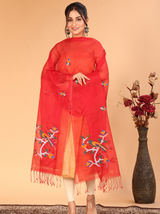 Handwoven Muslin Jamdani Dupatta | Red