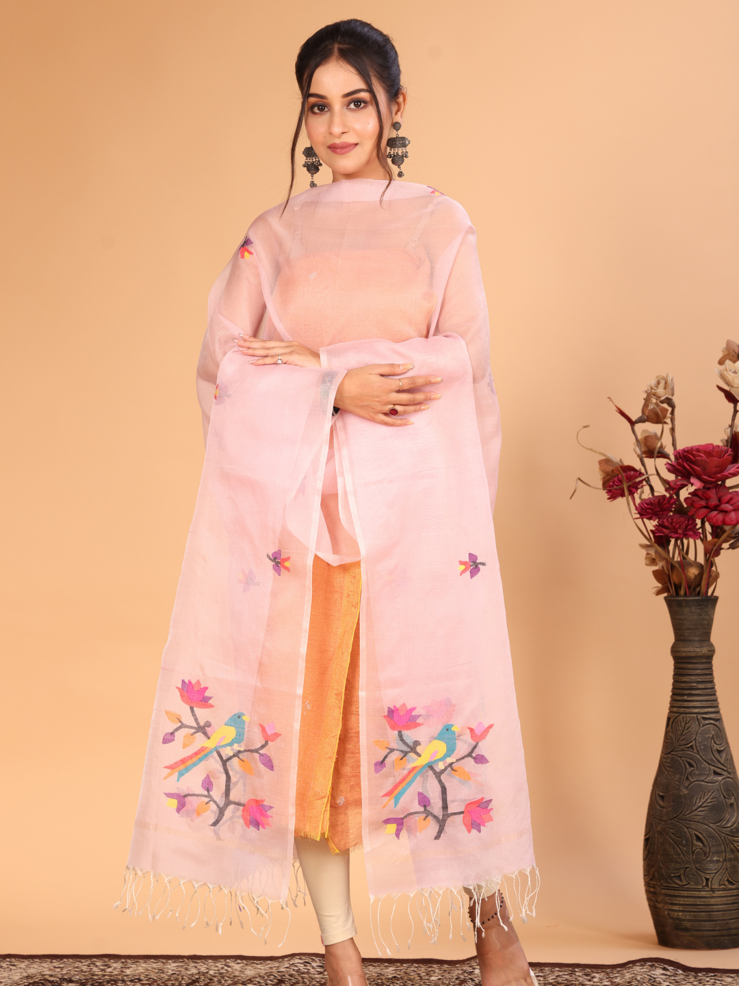 Handwoven Muslin Jamdani Dupatta | Pink