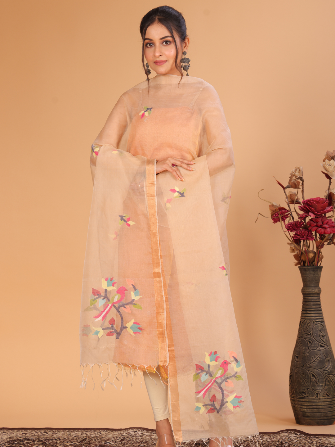 Handwoven Muslin Jamdani Dupatta | Cream Beige