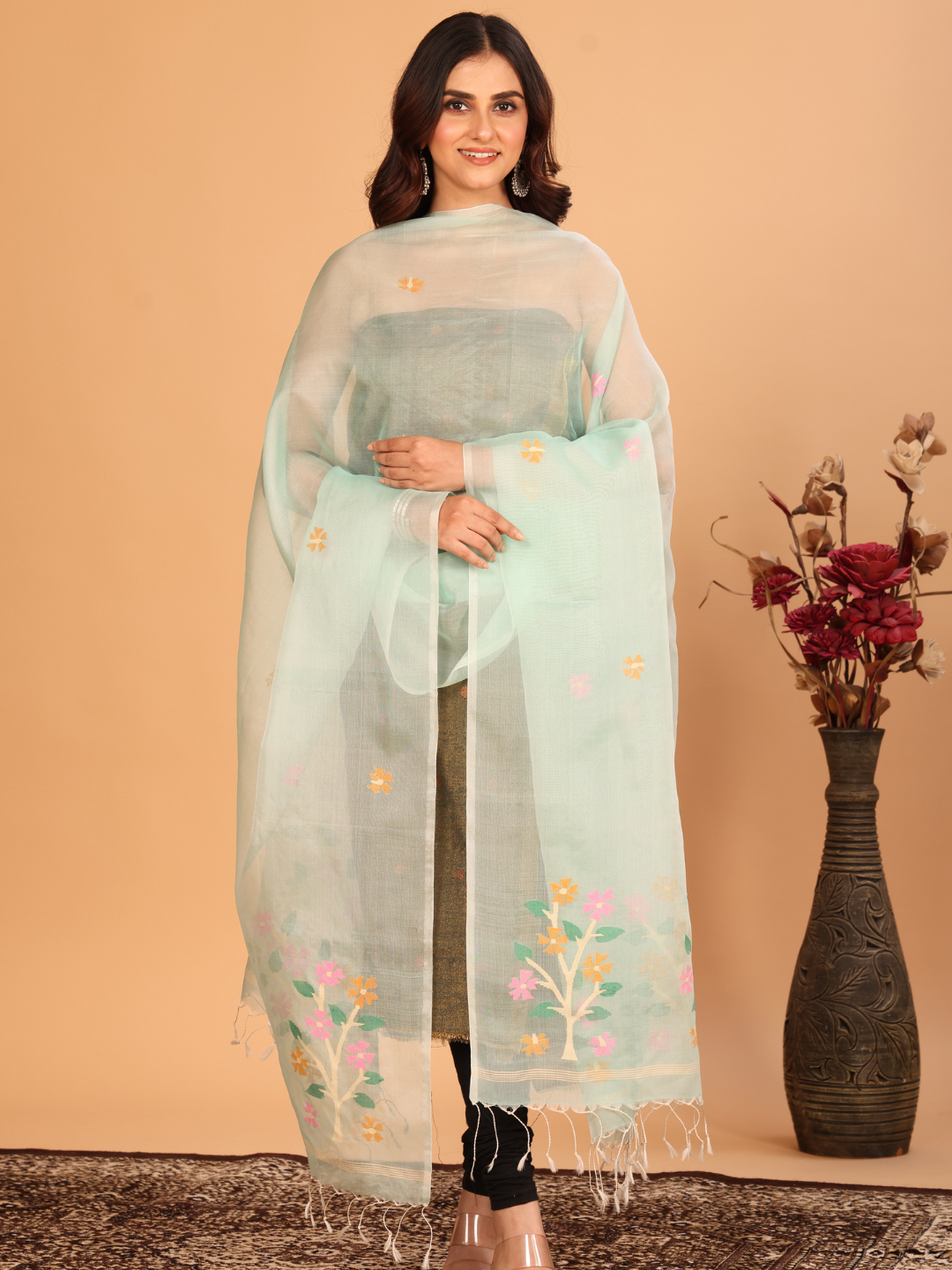 Handwoven Muslin Jamdani Dupatta | Cyan Blue