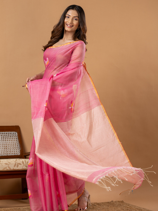 Handwoven Jamdani Muslin Silk Saree | Hot Pink