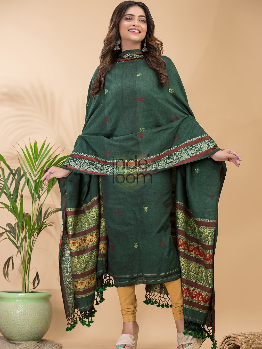 Pine Green Baluchari Linen 2-Piece Set Kurti & Dupatta (UNSTITCHED) - 054
