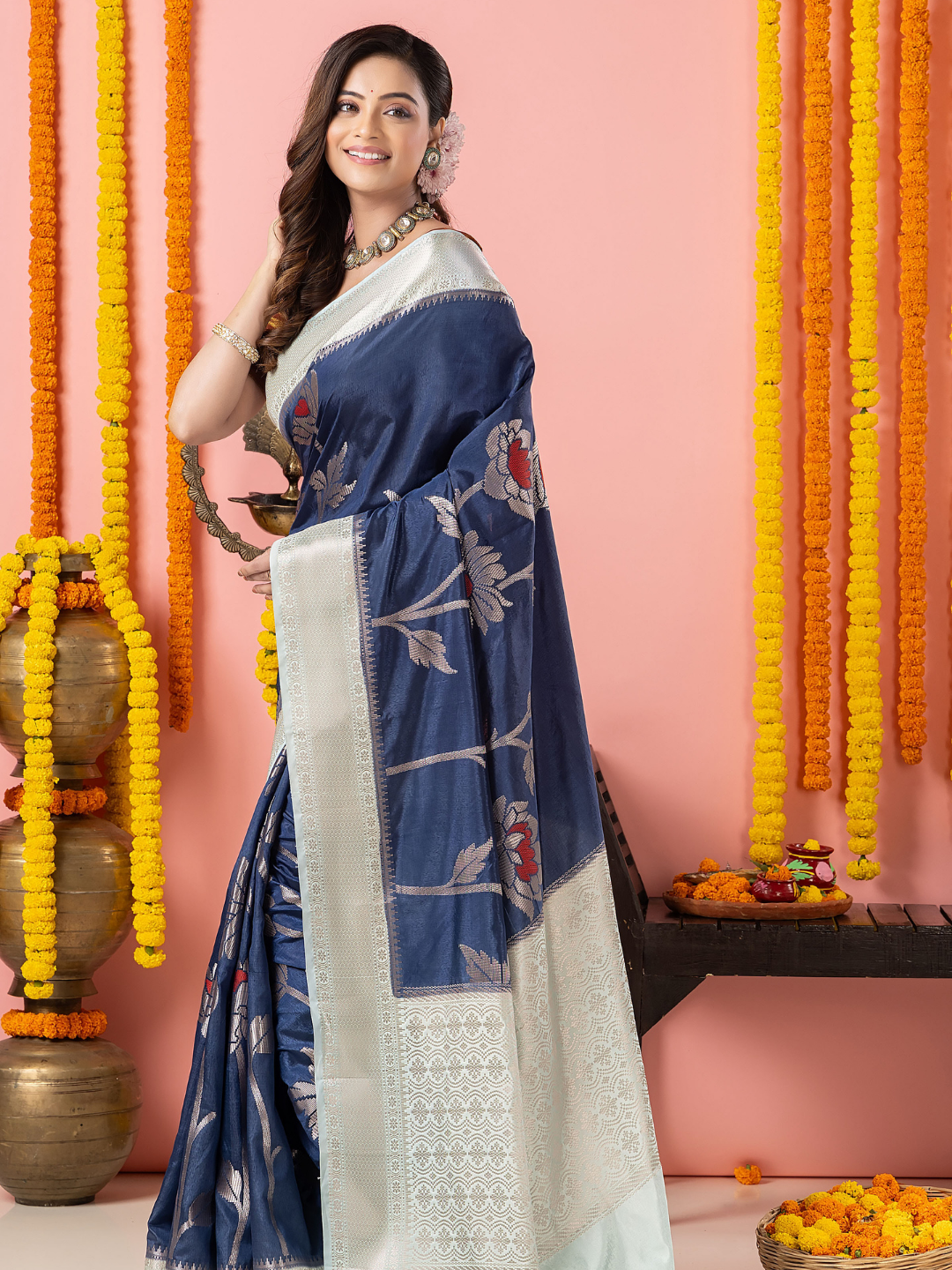 Classic Benarasi Semi Silk Saree | Deep Navy Blue