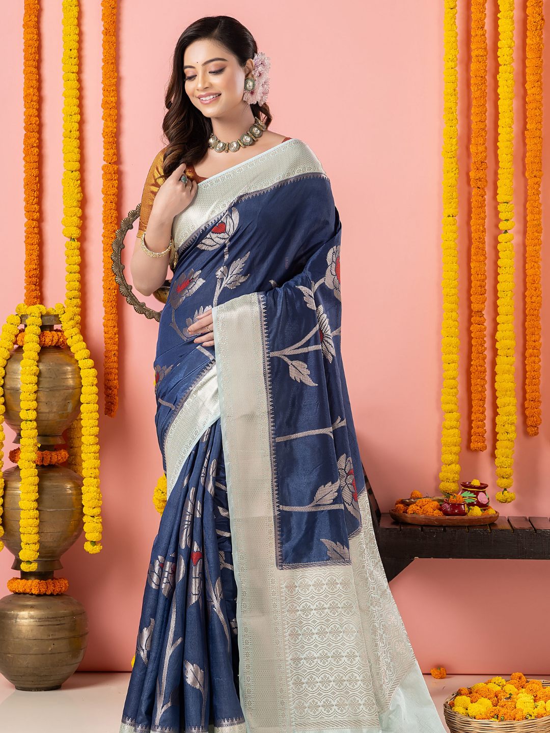 Classic Benarasi Semi Silk Saree | Deep Navy Blue