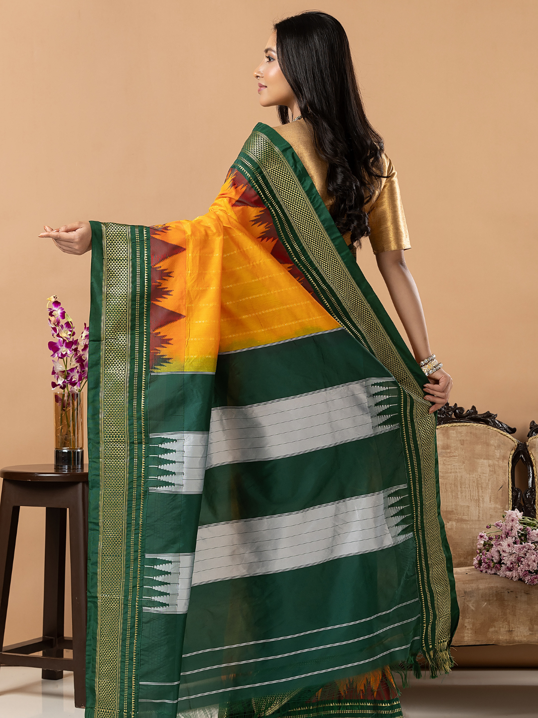 Traditional Ilkal Viscose Saree | Mustard Orange
