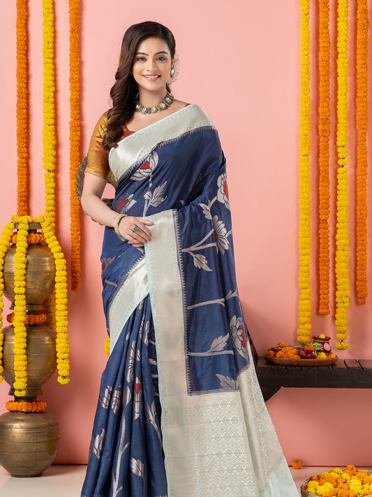 Classic Benarasi Semi Silk Saree | Deep Navy Blue